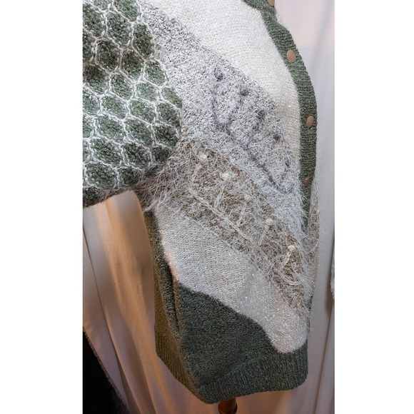 Boho Cottagecore Chunky Fuzzy Green White Sparkle Knitted Cardigan Jacket Snaps‎ - Picture 5 of 13